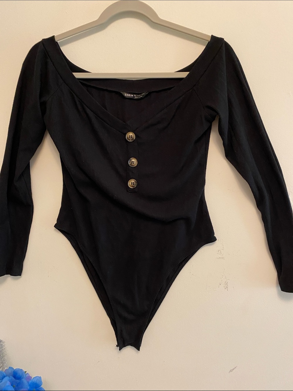 SHEIN Black Ribbed Scoop-Neck Button Bodysuit